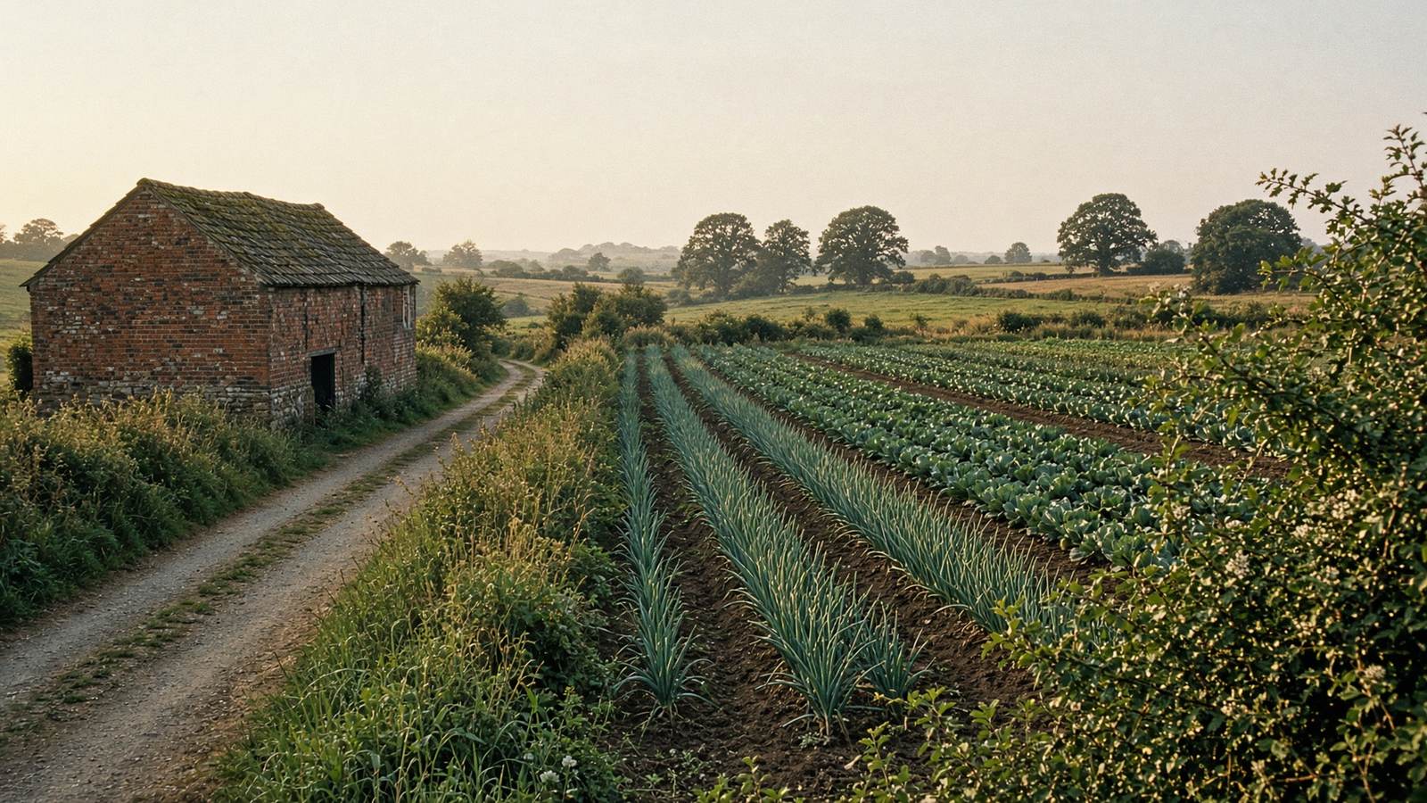 Rows of young leeks beside the old barn