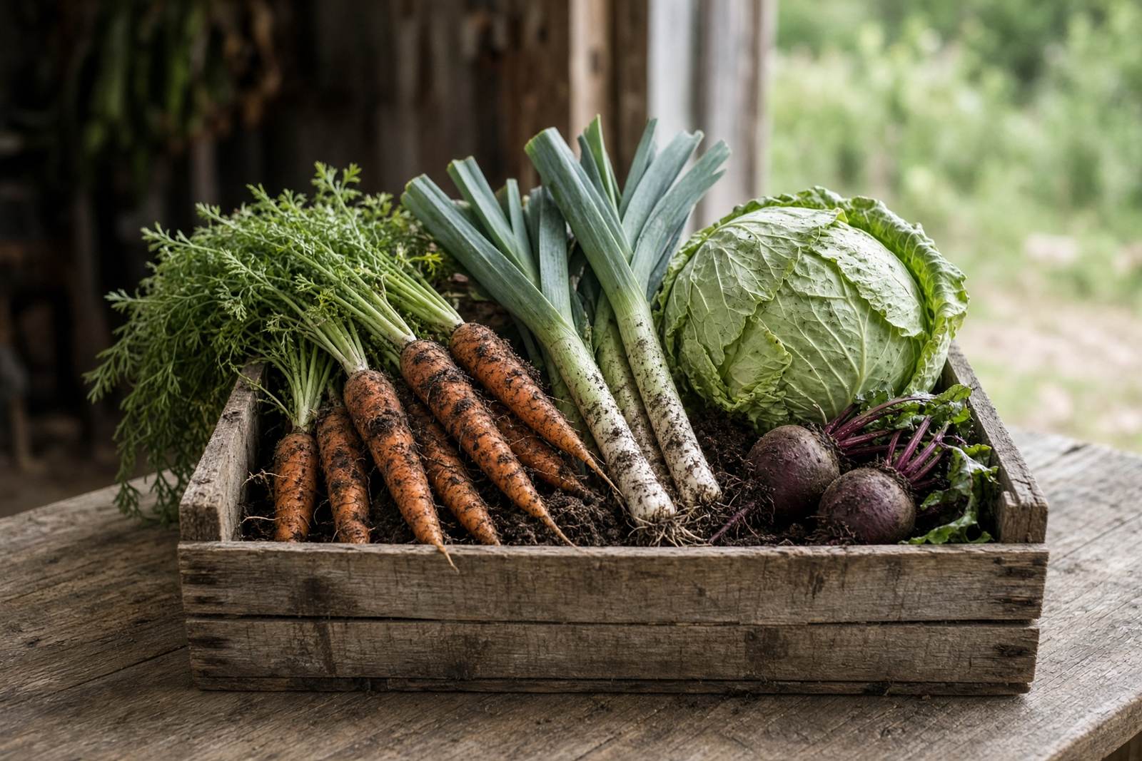A wooden crate of carrots, leeks, cabbage and beetroot, just lifted