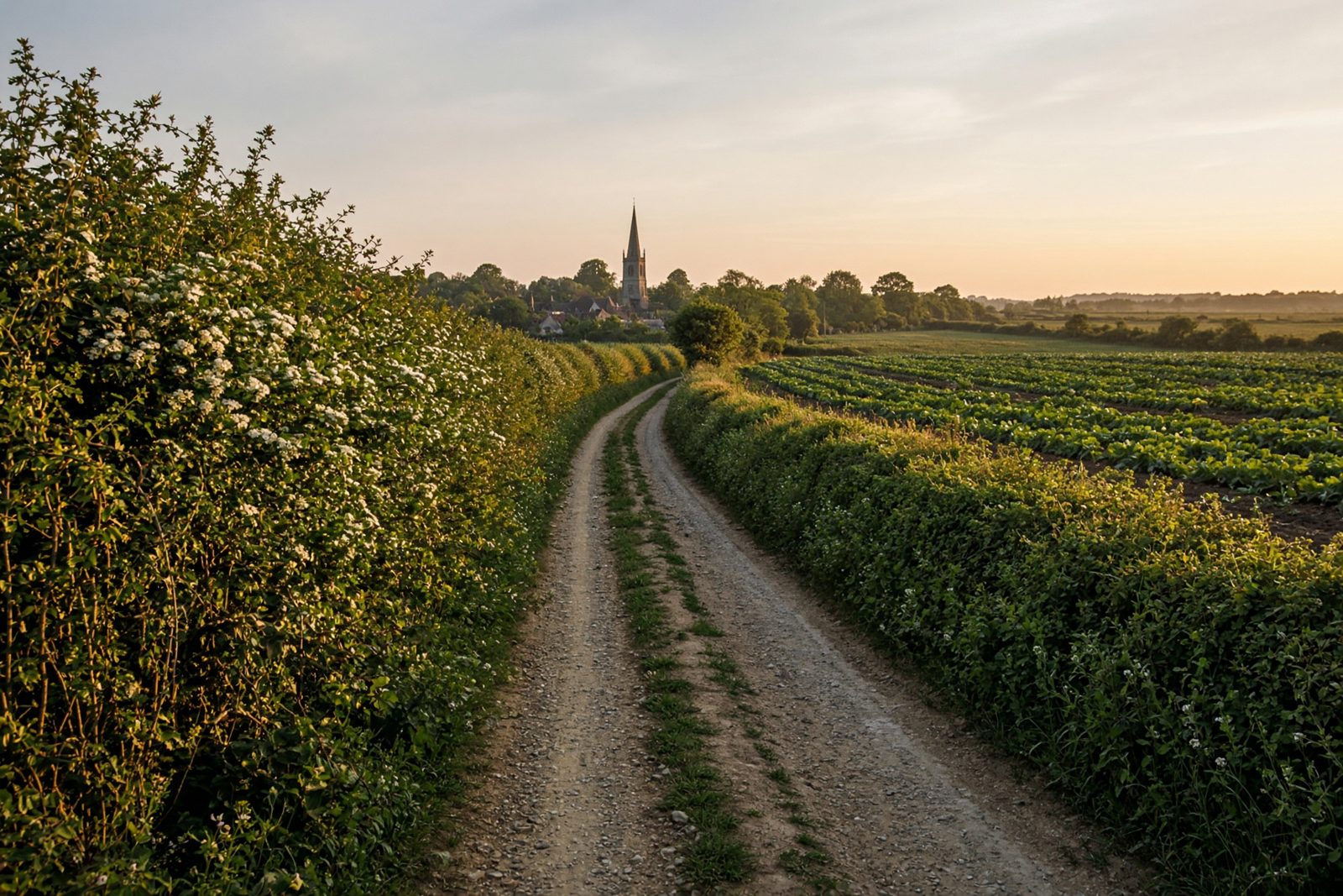 The farm lane at Lyncroft, running between hedgerows towards the village
