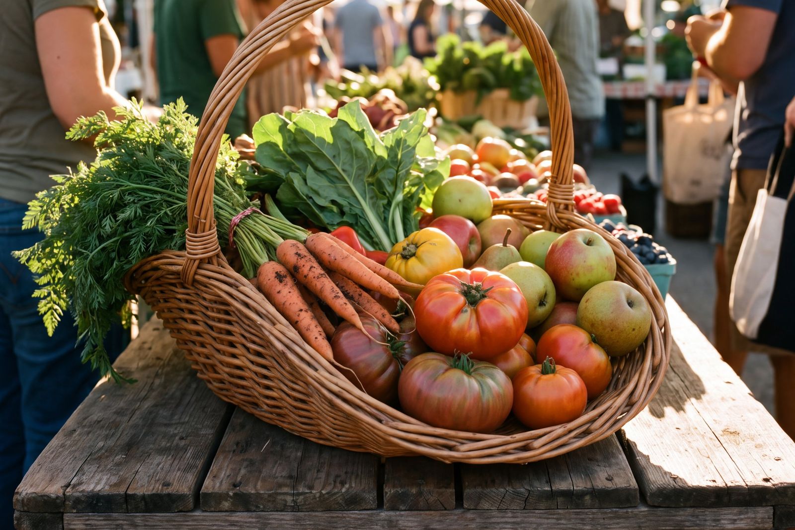A wicker basket of apples, pears, tomatoes, carrots and greens on a wooden market table