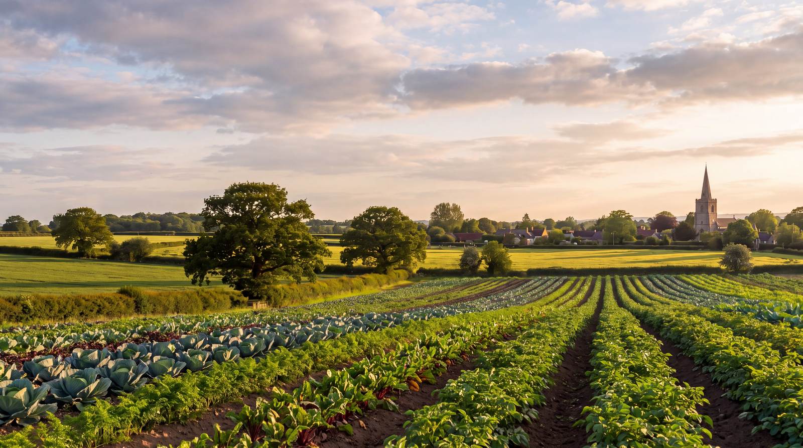 Rows of vegetables on a Lancashire farm, with oaks and a village church beyond the fields