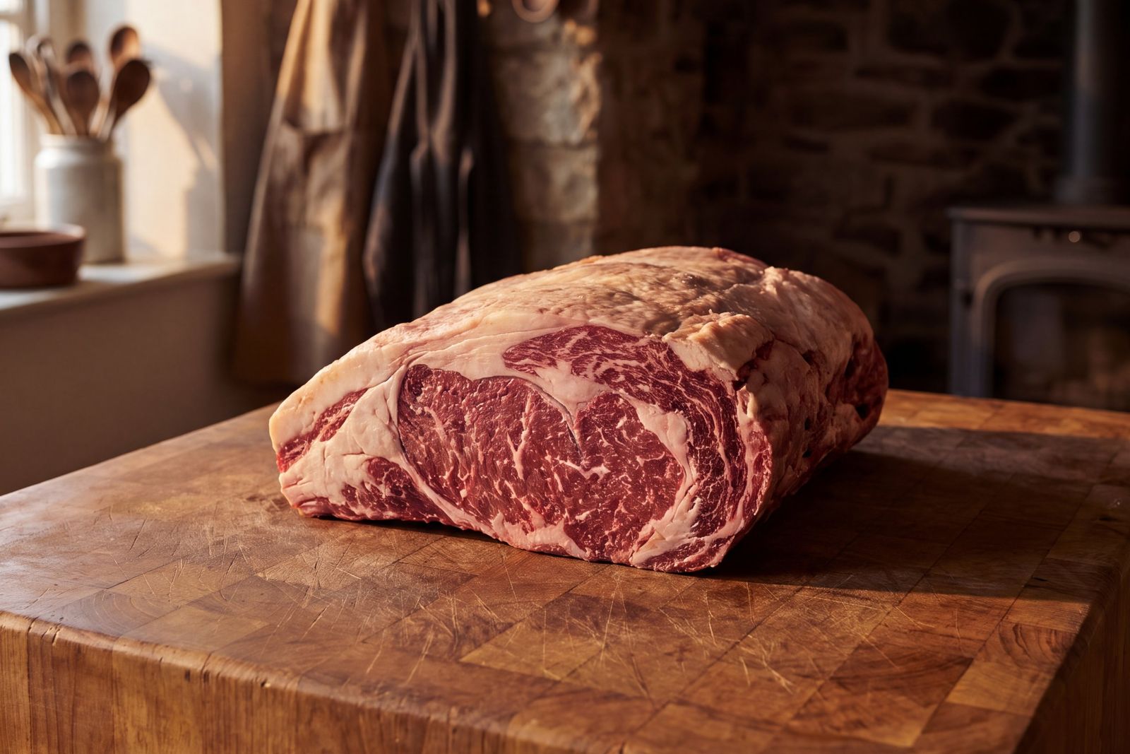 A sirloin joint with rich marbling on a butcher’s block