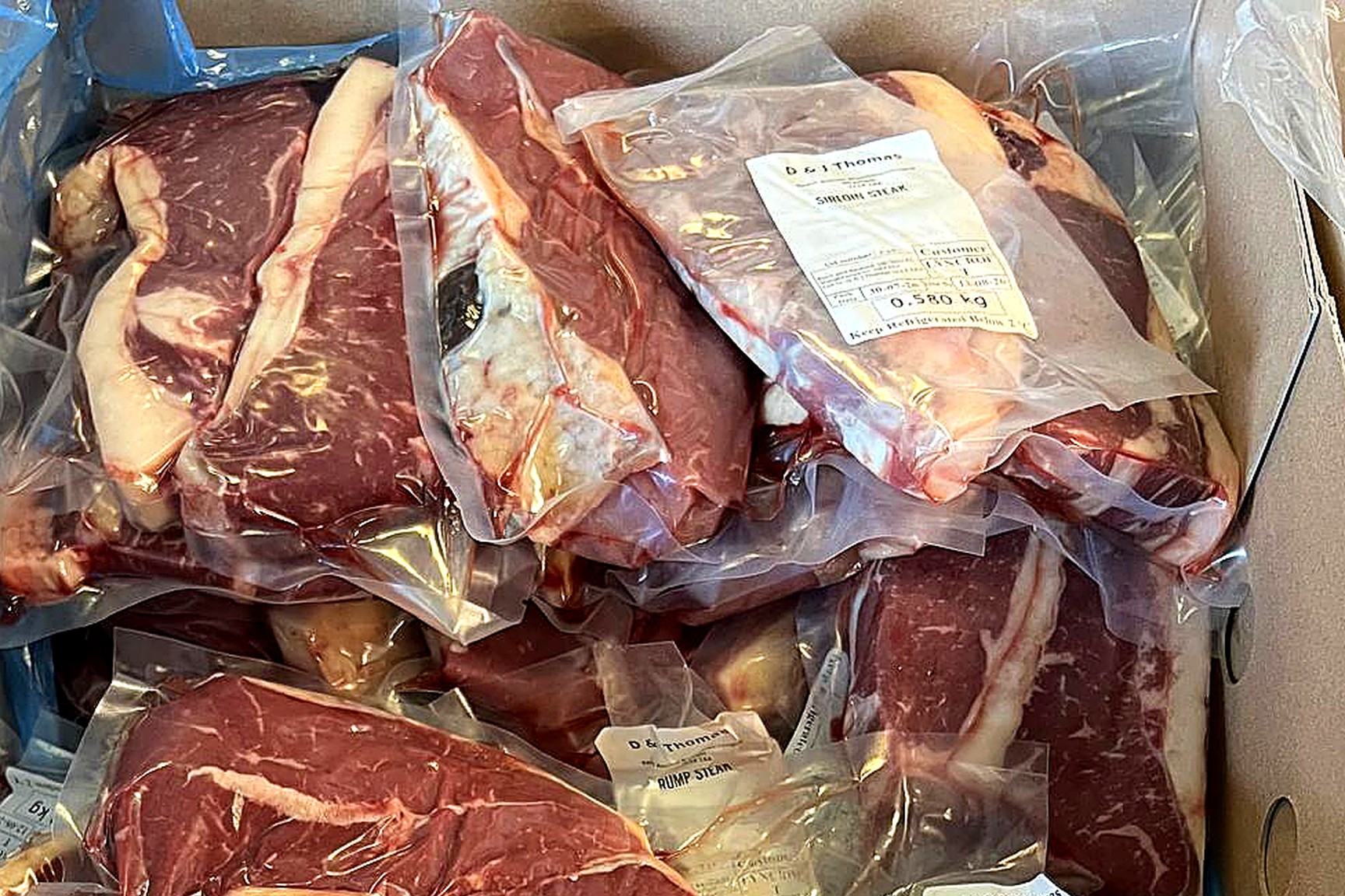 Cuts of beef from the farm, vacuum packed and boxed